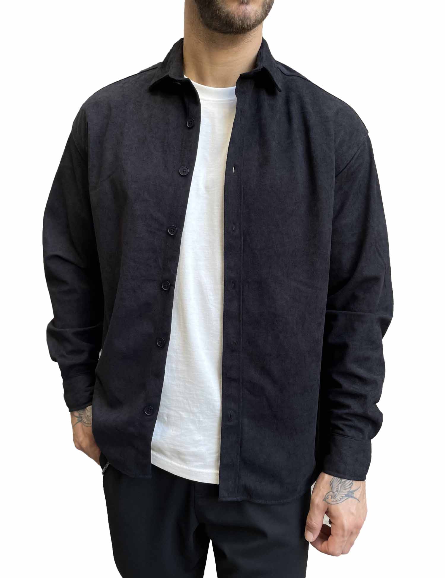 Ανδρικό μαύρο κοτλέ Overshirt με γιακά RMZ470M φωτογραφία